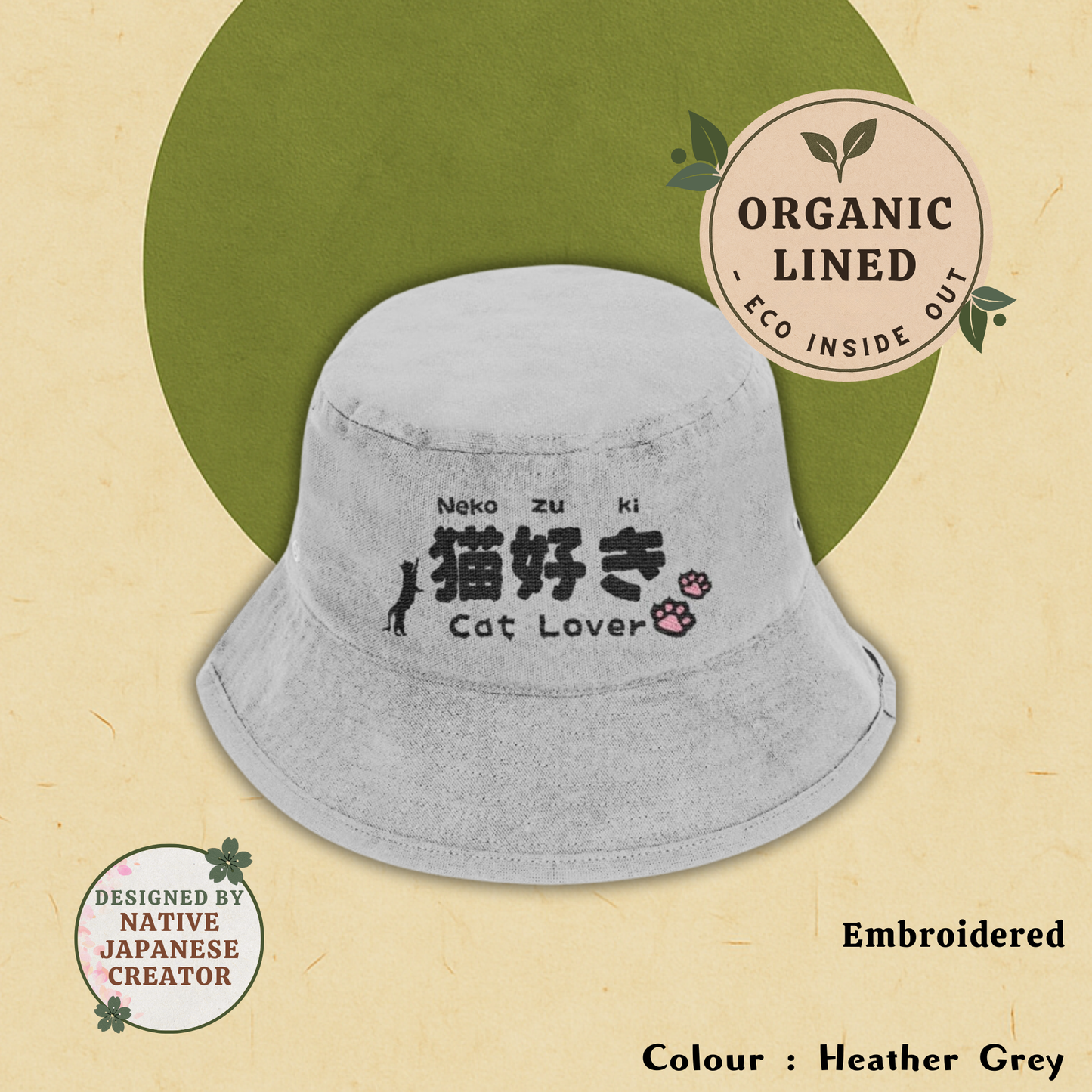 CAT LOVER | Japanese Bucket Hat | Neko Zuki | Embroidered Eco-Friendly Hat | Unisex Summer Cap