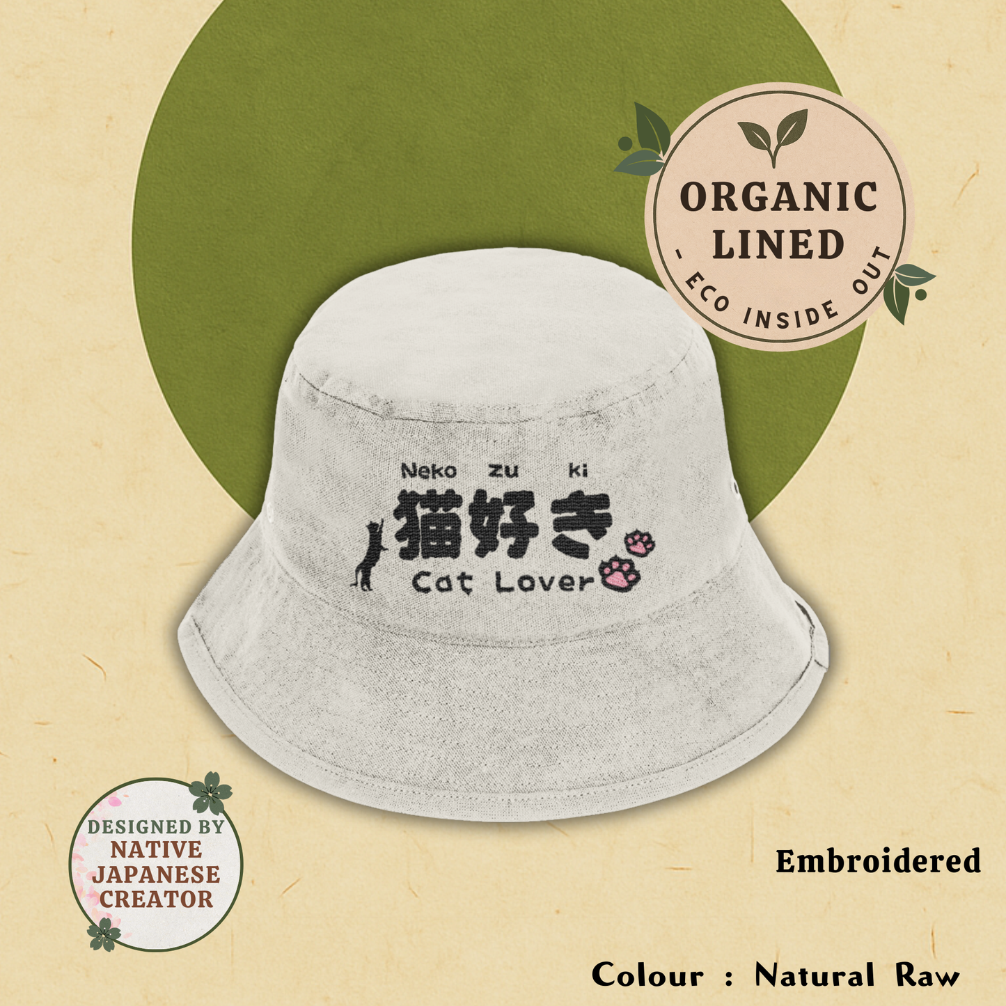 CAT LOVER | Japanese Bucket Hat | Neko Zuki | Embroidered Eco-Friendly Hat | Unisex Summer Cap