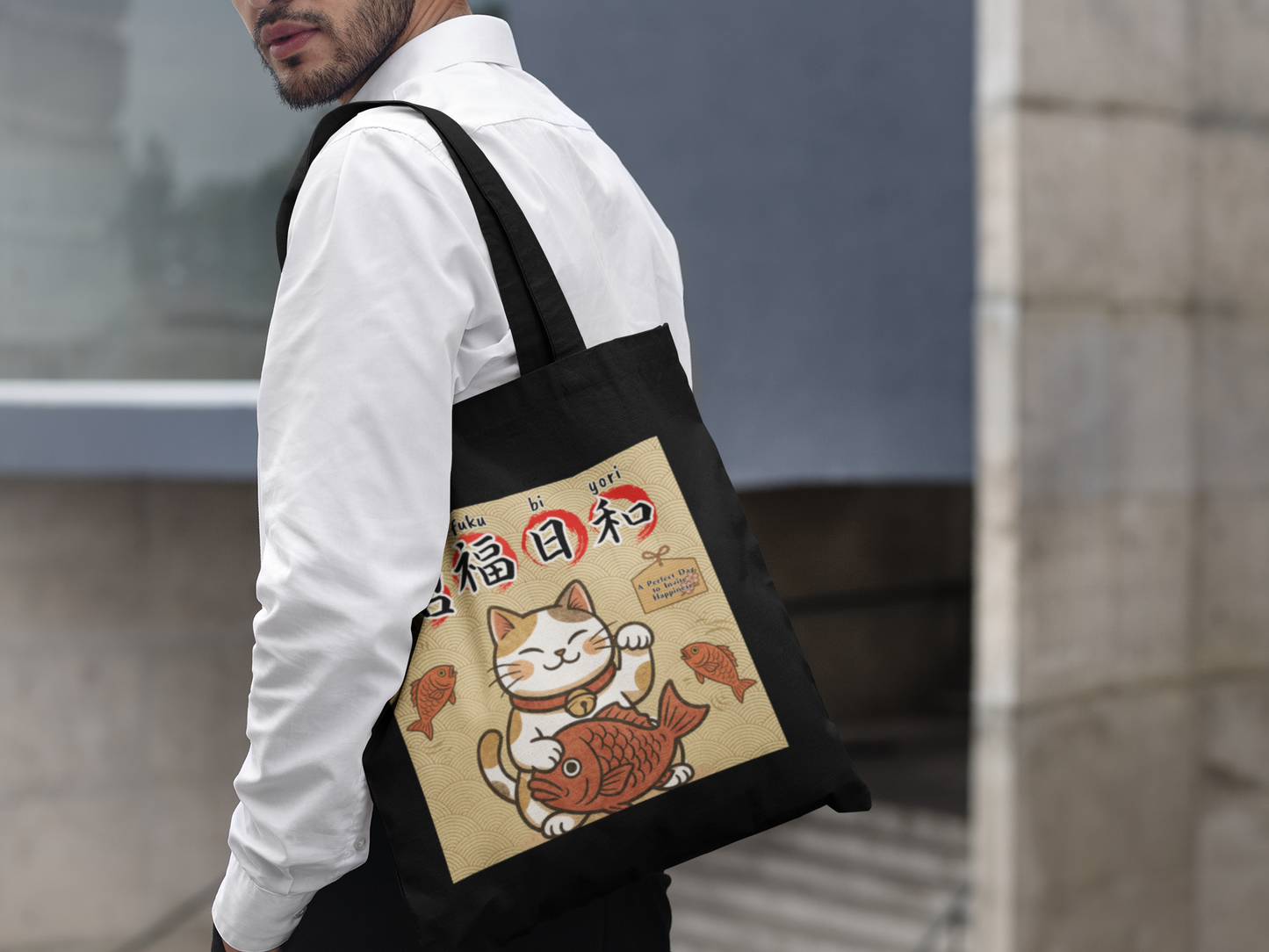 Lucky Cat Tote Bag – Maneki-neko Design | Japanese Motif | “A Perfect Day to Invite Happiness”