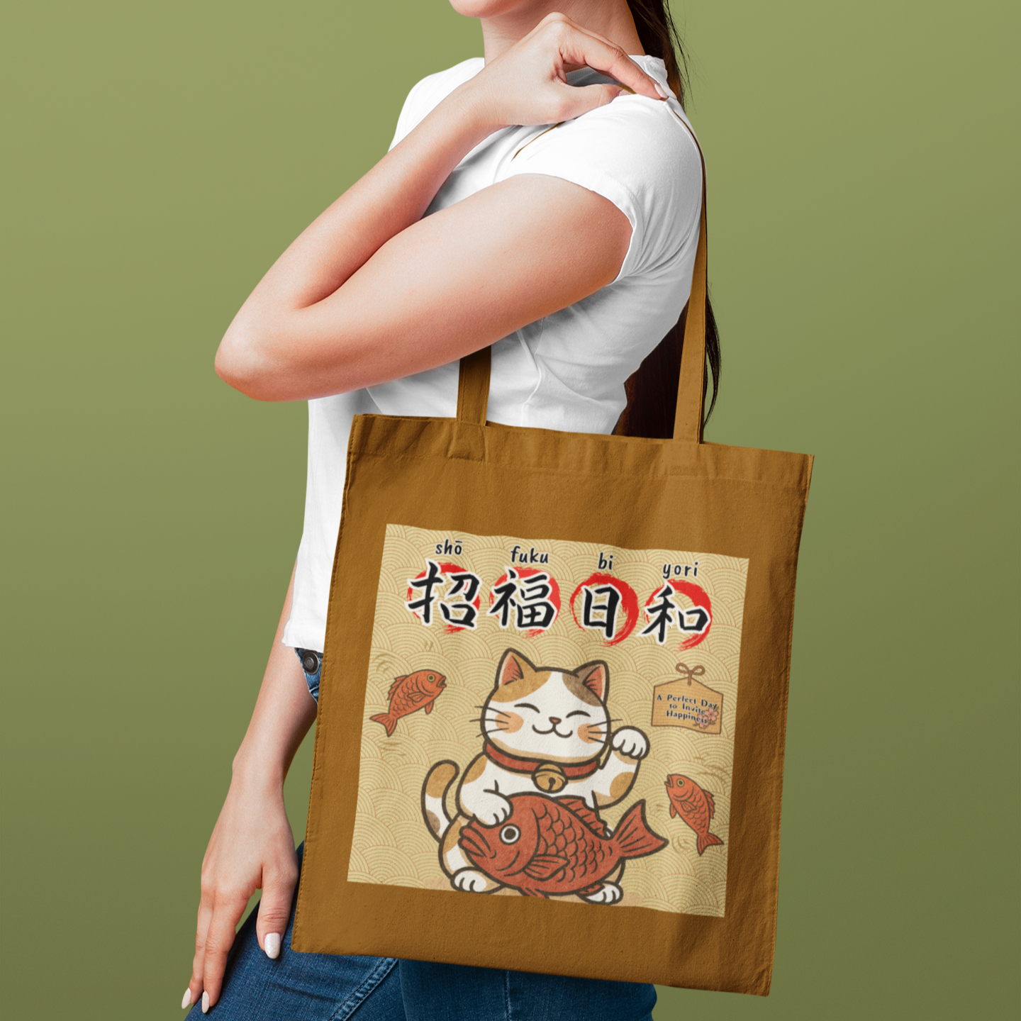 Lucky Cat Tote Bag – Maneki-neko Design | Japanese Motif | “A Perfect Day to Invite Happiness”