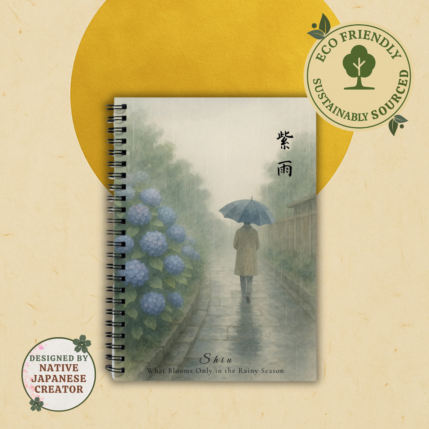Shiu – 紫雨 | A5 Lined Journal with Hydrangeas and Rain| Kotodama Series