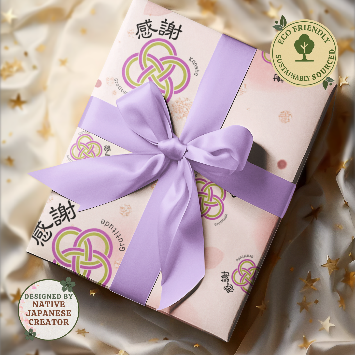 Kansha Wrapping Paper – Japanese Gift Wrap with Mizuhiki Knot, 'Gratitude' Calligraphy | FSC Paper | 3 Sheets – [Pink]