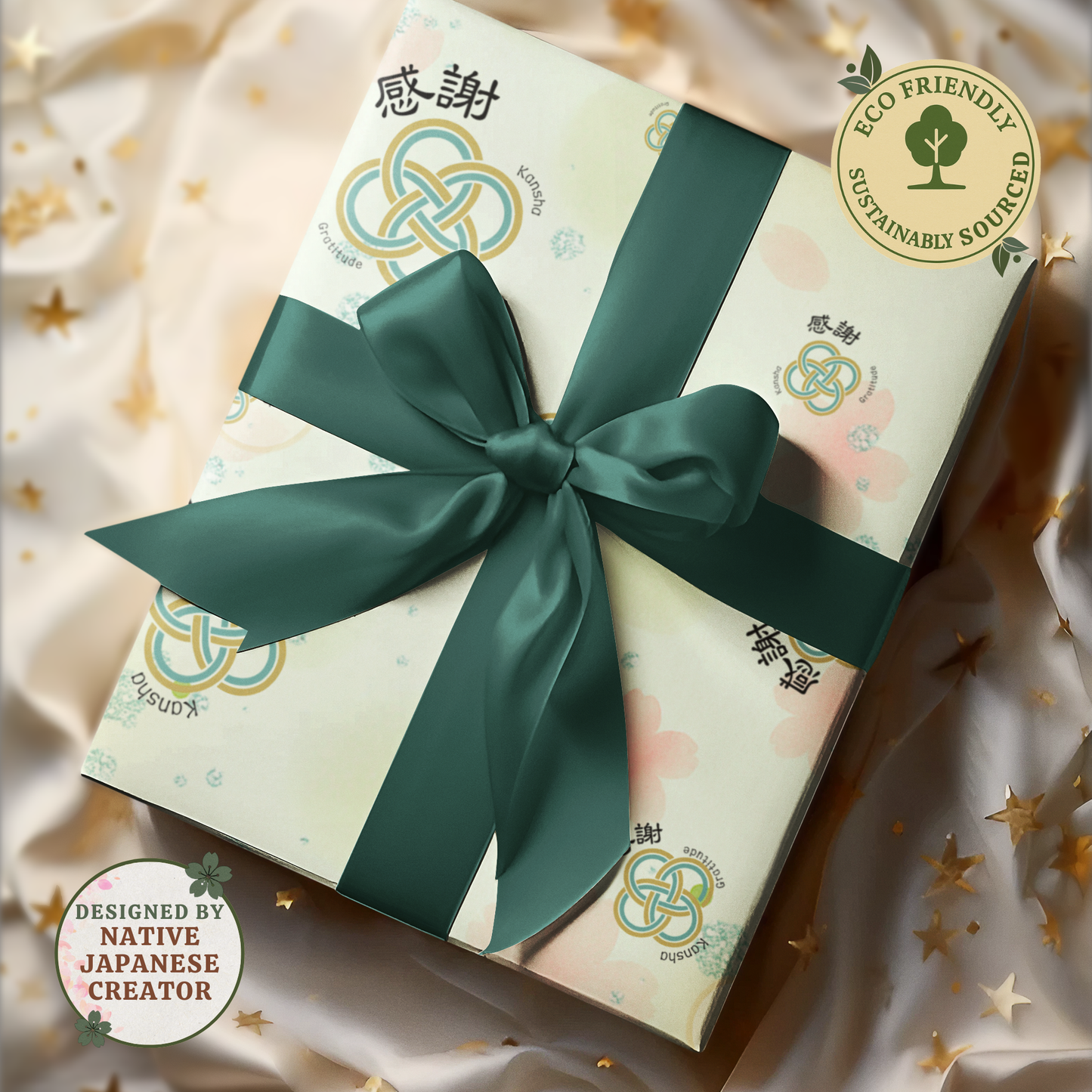 Kansha Wrapping Paper – Japanese Gift Wrap with Mizuhiki Knot, 'Gratitude' Calligraphy | FSC Paper | 3 Sheets – [Green]