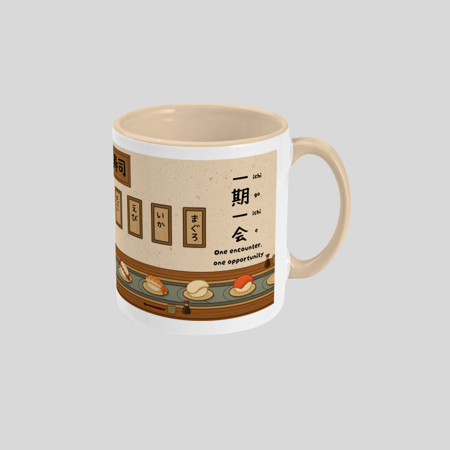 Sushi Timing Mug – Japanese Conveyor Belt Style | Sushi Life Idiom "Ichigo Ichie" | Japanese Gift