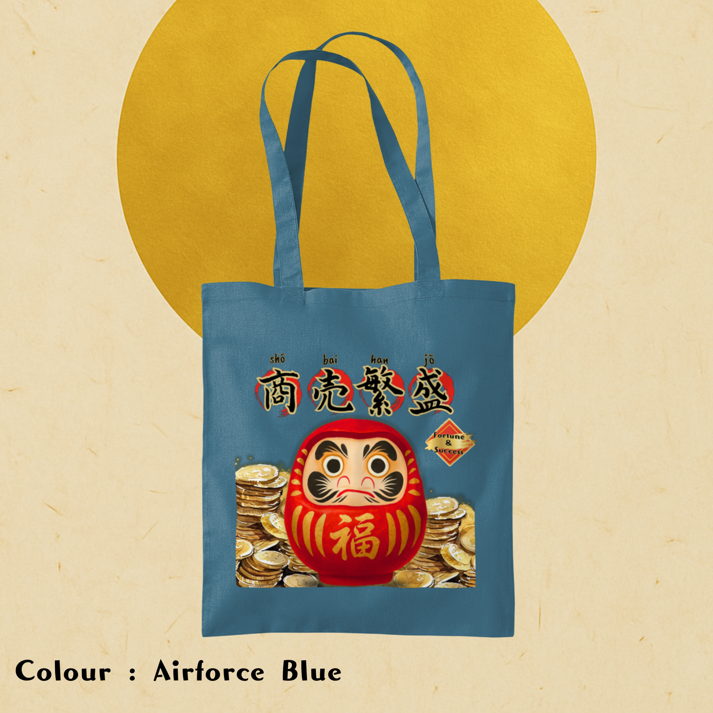 Daruma Tote Bag – Japanese Lucky Charm Cotton Tote with Long Handles – Eco-Friendly Gift for Japan Lovers