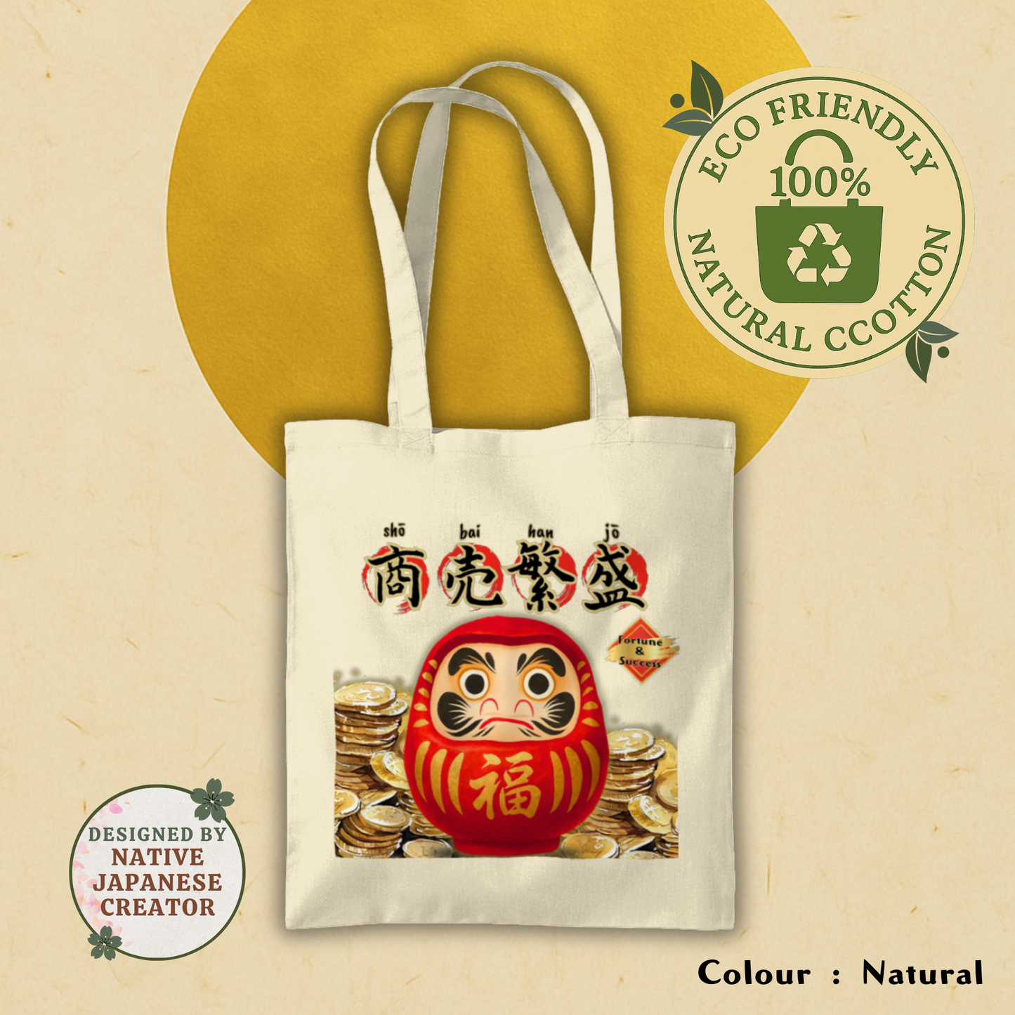 Daruma Tote Bag – Japanese Lucky Charm Cotton Tote with Long Handles – Eco-Friendly Gift for Japan Lovers