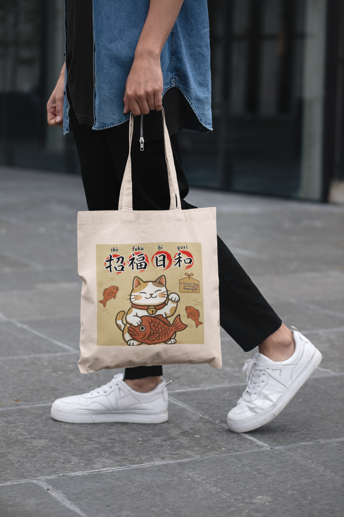 Lucky Cat Tote Bag – Maneki-neko Design | Japanese Motif | “A Perfect Day to Invite Happiness”