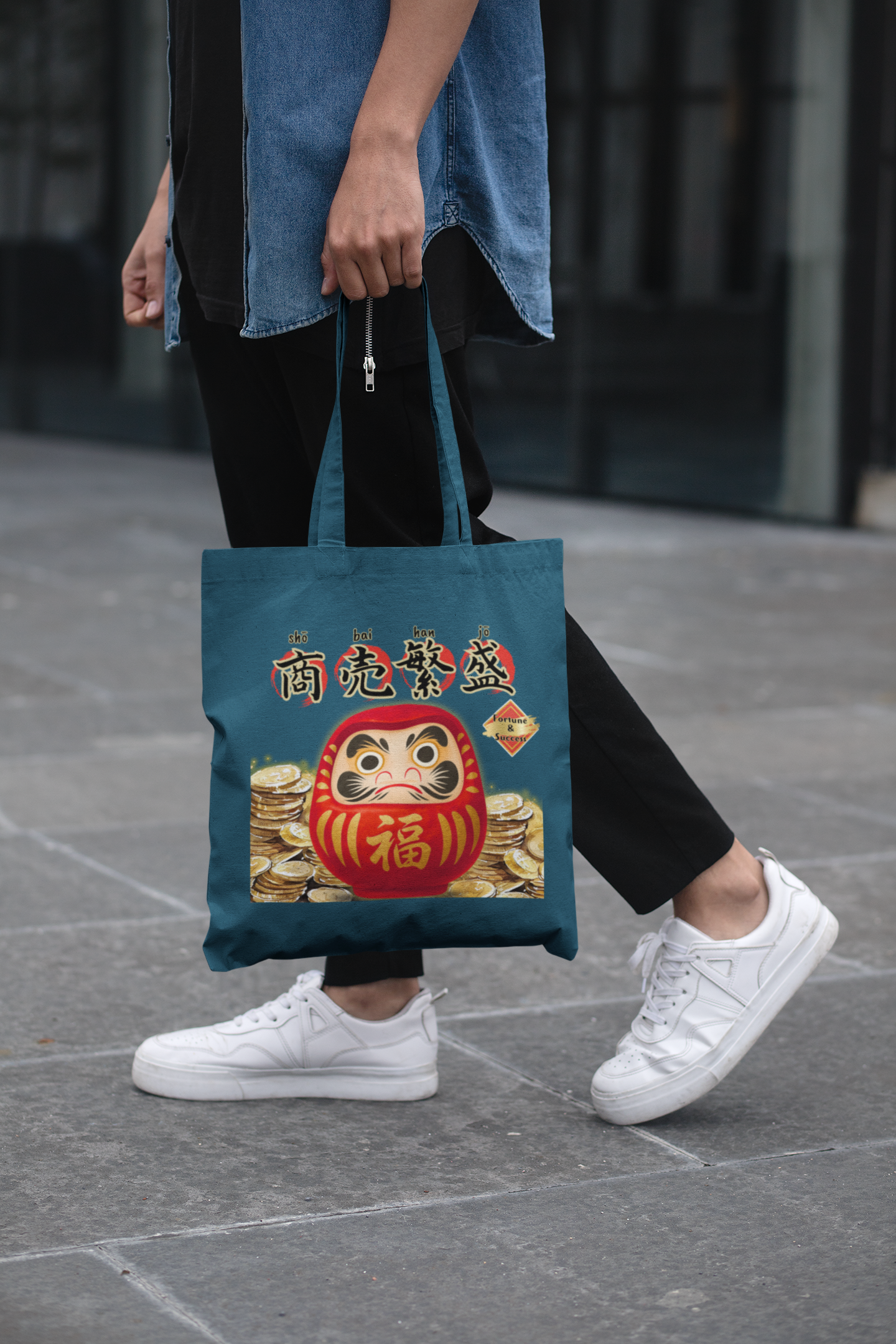 Daruma Tote Bag – Japanese Lucky Charm Cotton Tote with Long Handles – Eco-Friendly Gift for Japan Lovers