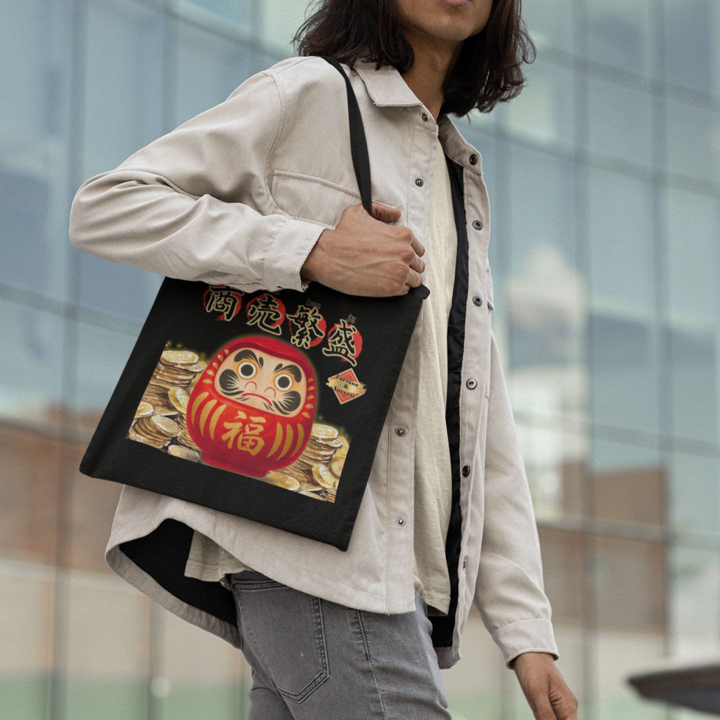 Daruma Tote Bag – Japanese Lucky Charm Cotton Tote with Long Handles – Eco-Friendly Gift for Japan Lovers