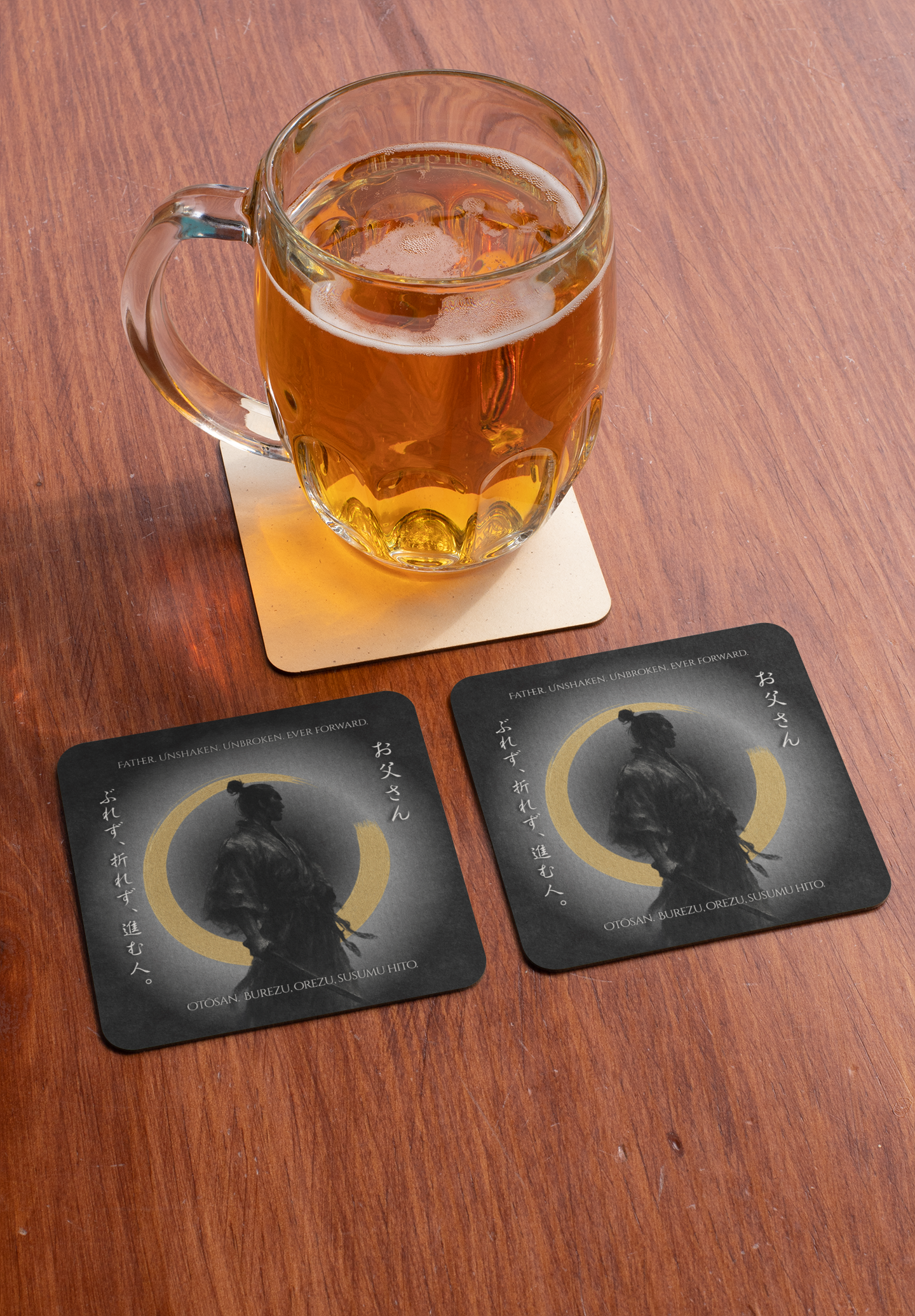 Japanese Samurai Coaster Set, “Unshaken. Unbroken.” Zen Gift for Dad, Kotodama Calligraphy Decor