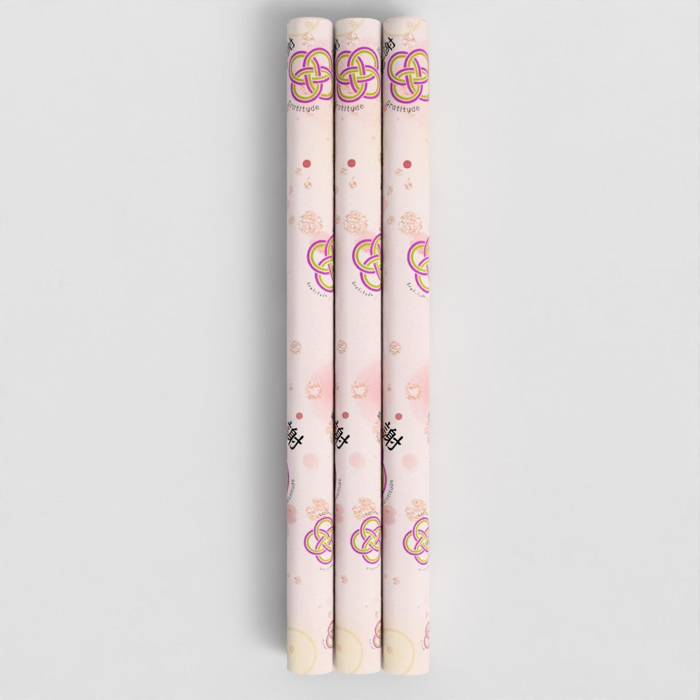 Kansha Wrapping Paper – Japanese Gift Wrap with Mizuhiki Knot, 'Gratitude' Calligraphy | FSC Paper | 3 Sheets – [Pink]
