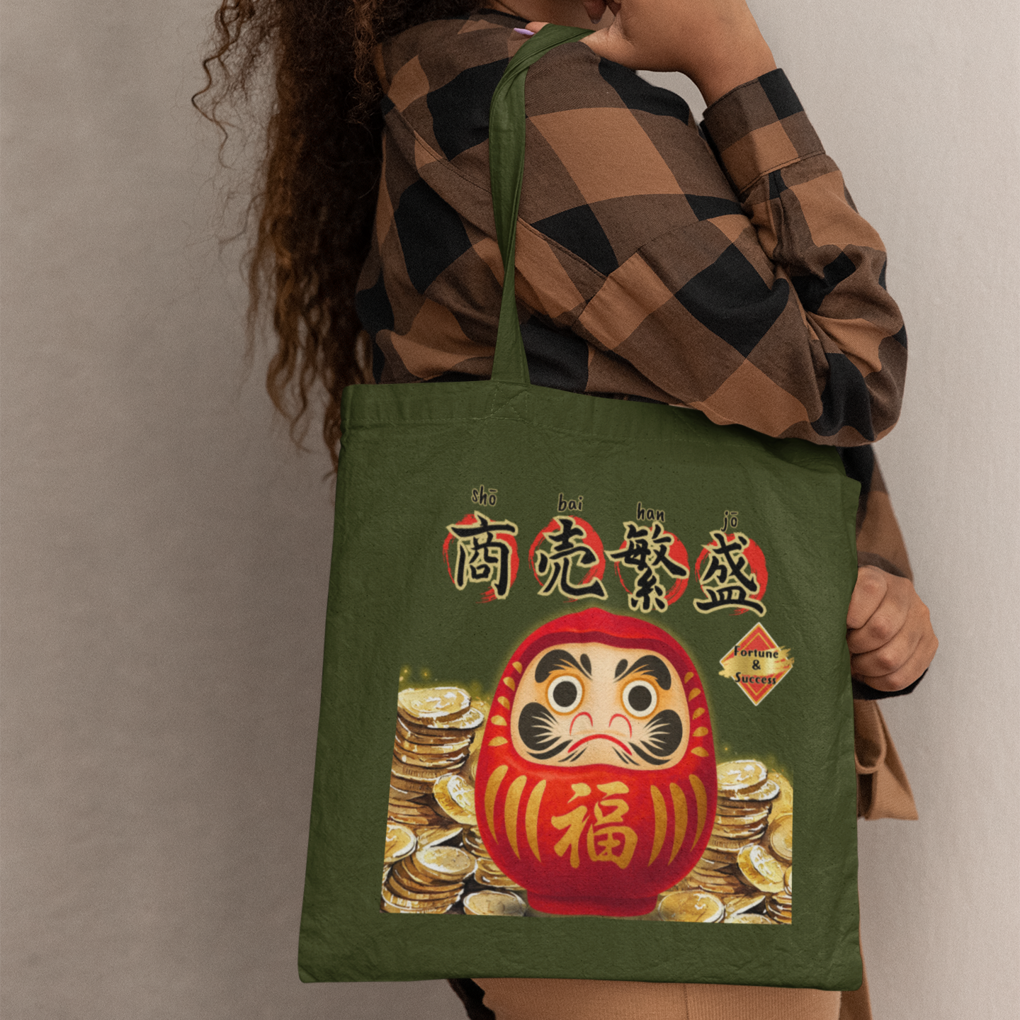 Daruma Tote Bag – Japanese Lucky Charm Cotton Tote with Long Handles – Eco-Friendly Gift for Japan Lovers