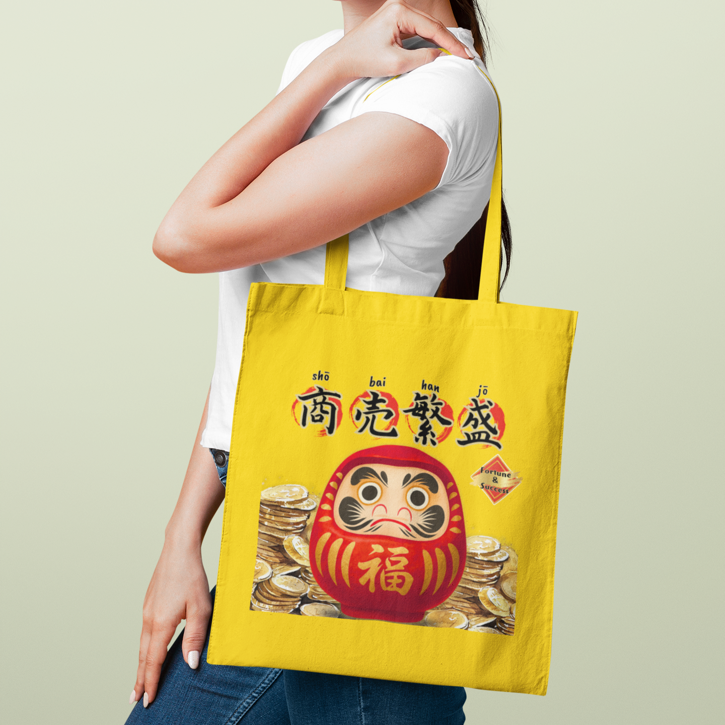 Daruma Tote Bag – Japanese Lucky Charm Cotton Tote with Long Handles – Eco-Friendly Gift for Japan Lovers