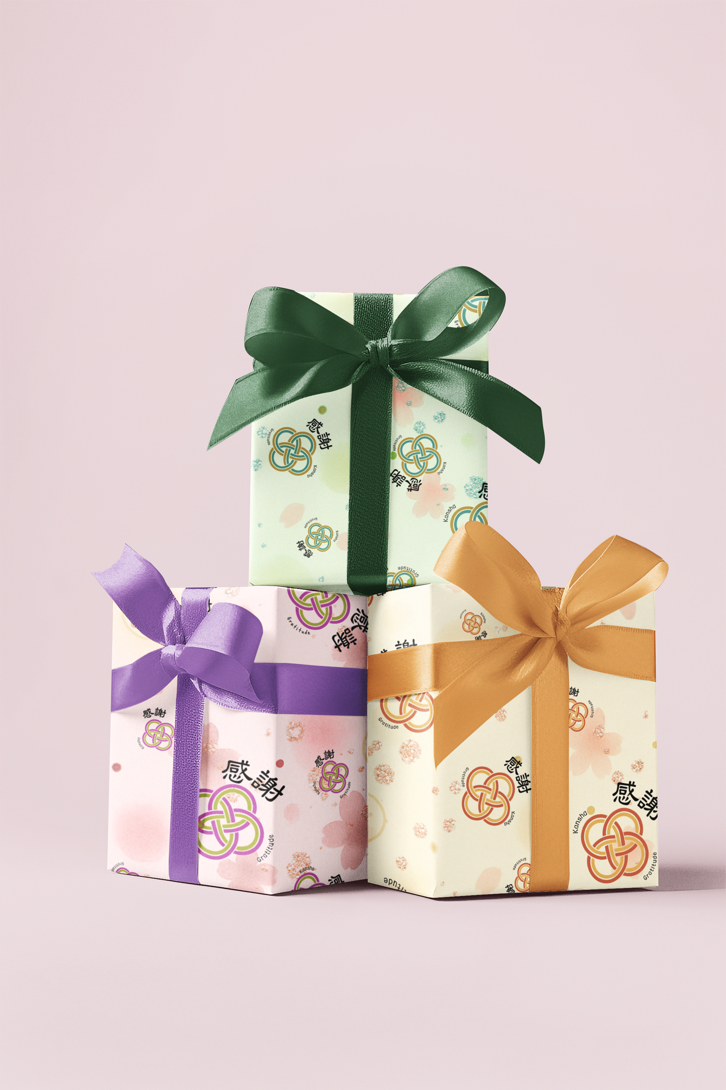 Kansha Wrapping Paper – Japanese Gift Wrap with Mizuhiki Knot, 'Gratitude' Calligraphy | FSC Paper | 3 Sheets – [Pink]